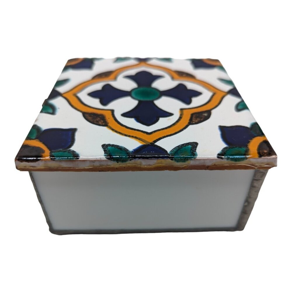 Mexican Tile Lid Trinket Box Stained glass sides Mirrored Inside Jewelry